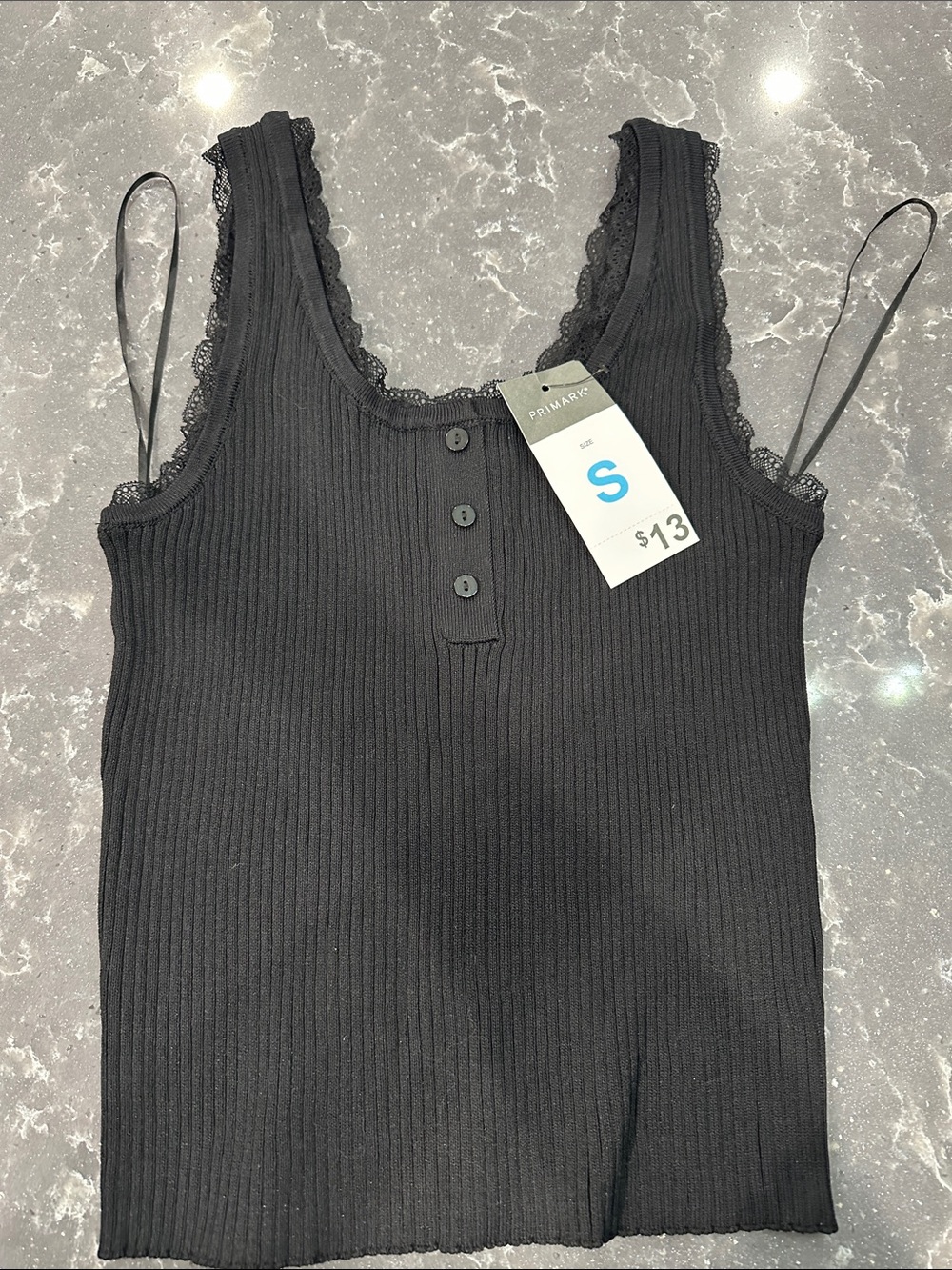 Primark Black Ribbed Lace-Trim Tank Top small